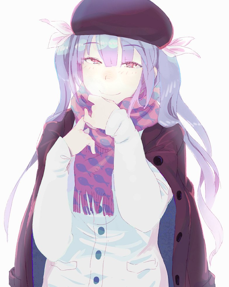 1girl alternate_costume animal_print beret black_hat blue_hair cardigan commentary_request fang fish_print flower-shaped_pupils hat i-19_(kancolle) jacket jacket_on_shoulders kantai_collection long_hair long_sleeves looking_at_viewer multicolored_hair purple_hair ribbon scarf simple_background skin_fang sleeves_past_wrists smile solo symbol-shaped_pupils white_background white_cardigan white_ribbon you_(yawnmgmg)