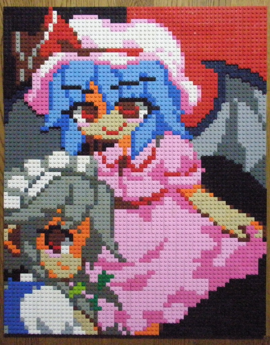 2girls bat_wings black_background blue_hair braid closed_mouth hat hat_ribbon holding izayoi_sakuya lego lego_(medium) looking_at_viewer looking_back maid maid_headdress mob_cap multicolored_background multiple_girls photo_(medium) pink_headwear pink_shirt pink_skirt pixel_art red_background red_eyes red_ribbon remilia_scarlet ribbon shirt short_sleeves skirt skirt_hold smile touhou two-tone_background unconventional_media wings you_rei_(blowback)