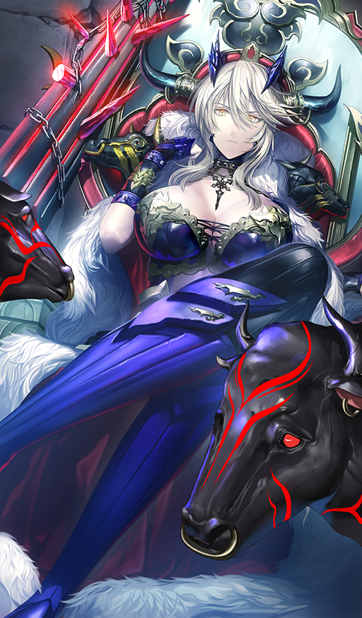 1girl animal artoria_pendragon_(fate) artoria_pendragon_(lancer_alter)_(fate) artoria_pendragon_(lancer_alter)_(ox-demon_king)_(fate) black_leggings blonde_hair boots breasts bull cape commentary corset crop_top dark_rhongomyniad_(fate) dragon_horns fate/grand_order fate_(series) feet_out_of_frame fur-trimmed_cape fur_trim gloves glowing hair_between_eyes horns large_breasts leggings medium_hair official_art purple_boots purple_corset purple_gloves purple_horns purple_theme sidelocks sitting solo third-party_source tsukimoto_aoi yellow_eyes