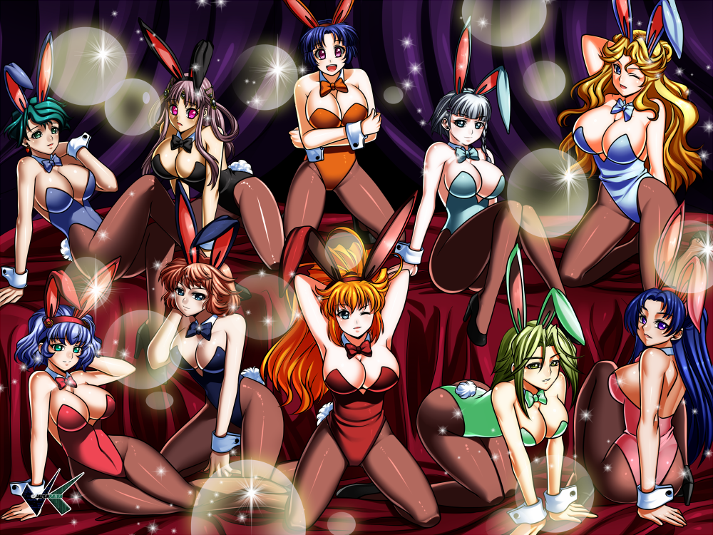 6+girls all_fours animal_ears aqua_centolm ariel_org ass aya_kobayashi bed black_leotard blonde_hair blue_eyes blue_hair blue_leotard blush bow bowtie breasts brown_hair cleavage detached_collar earrings excellen_browning fake_animal_ears female_focus green_eyes green_hair green_leotard hairband harem high_heels highleg highleg_leotard jadenkaiba jewelry kneeling kusuha_mizuha lamia_loveless large_breasts lefina_enfield leona_garstein leotard long_hair multiple_girls one_eye_closed orange_leotard pantyhose pink_eyes pink_leotard playboy_bunny ponytail purple_eyes rabbit_ears rabbit_tail red_leotard seolla_schweizer short_hair sideboob silver_hair sitting sleigh_presty smile strapless strapless_leotard super_robot_wars tail wink wrist_cuffs