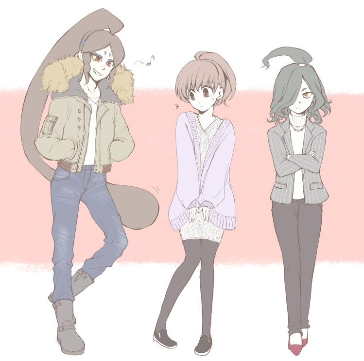 10s 1girl 2boys ^^^ bad_id bad_pixiv_id black_pantyhose boots brown_eyes brown_hair casual colored_sclera crossed_arms denim green_hair grin hair_over_one_eye hands_in_pockets high_ponytail jacket jeans kiitos12 kodama_fumika long_hair monster_boy multiple_boys musical_note oogama_(youkai_watch) open_clothes open_jacket orochi_(youkai_watch) pants pantyhose pigeon-toed ponytail quaver red_eyes smile spoken_musical_note traditional_youkai turtleneck very_long_hair yellow_eyes yellow_sclera youkai_watch