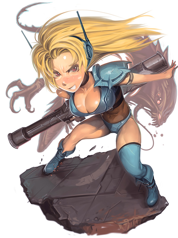 1girl alien angry armband armor asymmetrical_clothes blonde_hair blush boots breasts choker cleavage contra contra_dual_spirits contra_hard_corps contra_iv female_focus game_console handheld_game_console hard_corps headset huge_breasts kichin_yarou konami large_breasts leaning_forward legs long_hair m1_bazooka midriff monster nintendo nintendo_ds panties pink_eyes rocket_launcher science_fiction sega_mega_drive sheena_etranzi single_thighhigh solo special_mobile_task_force_k-x thighhighs tongue underwear weapon