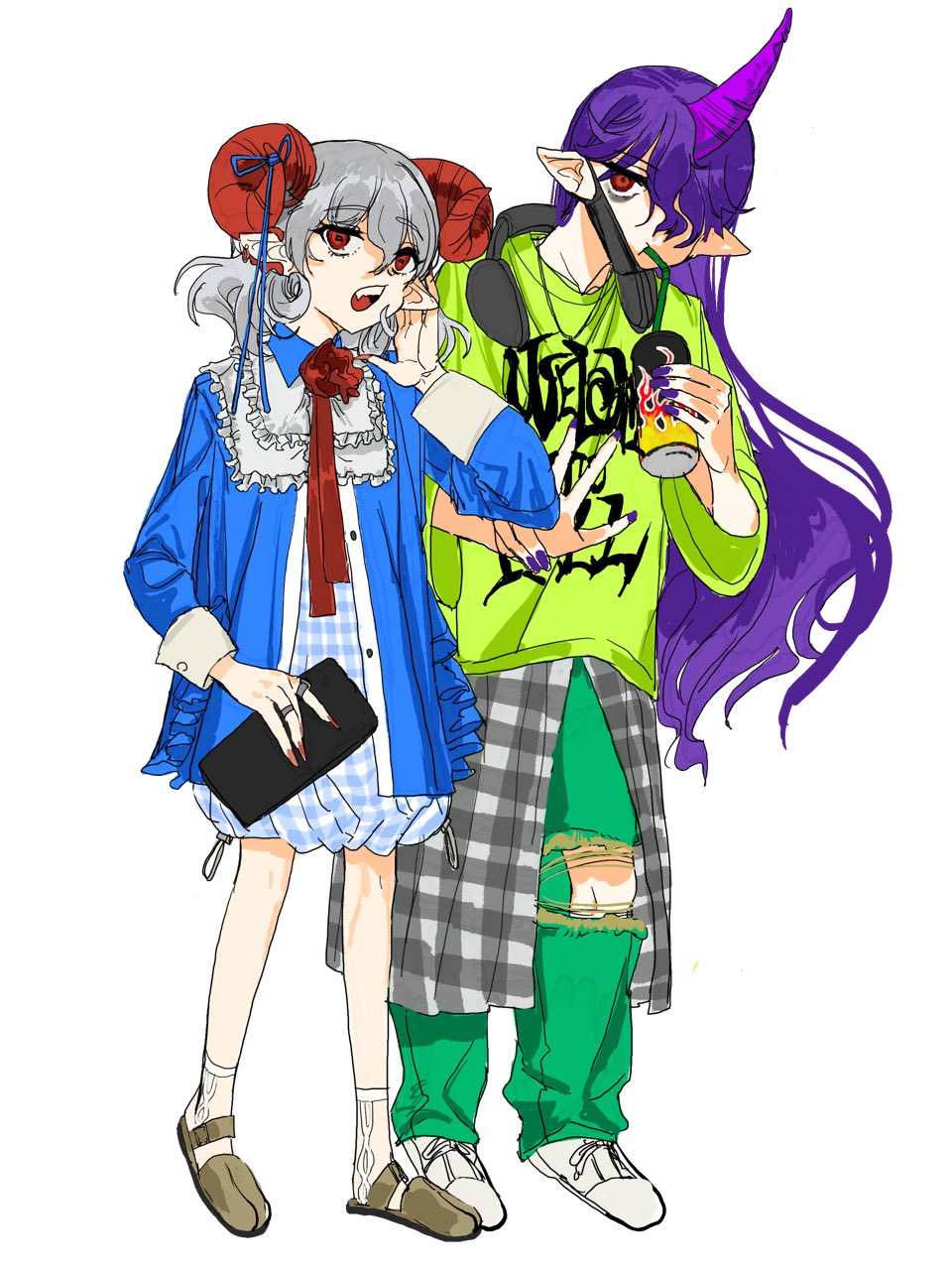 2girls alternate_costume blue_dress blue_jacket can dress drink_can drinking_straw green_pants green_shirt grey_hair headphones headphones_around_neck highres horns itou_(golem_inc) jacket long_hair looking_at_viewer medium_hair multiple_girls nail_polish open_mouth pants plaid_clothes plaid_dress purple_hair red_eyes sandals sheep_horns shirt shoes single_horn sneakers tenkajin_chiyari touhou toutetsu_yuuma v very_long_hair