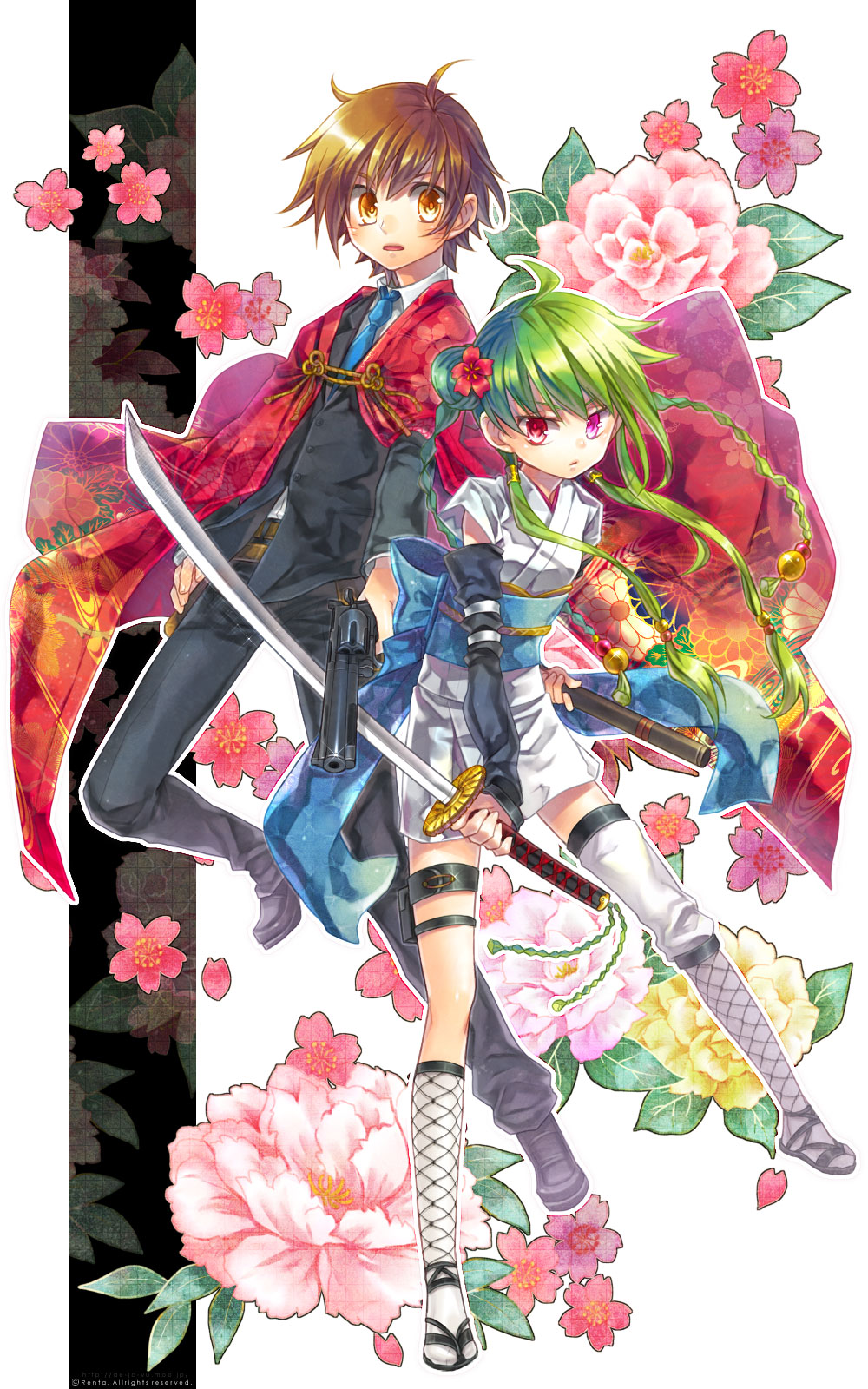 1boy 1girl bad_id bad_pixiv_id brown_hair clothes flower green_hair gun hair_flower hair_ornament handgun highres japanese_clothes katana obi original red_eyes renta renta_(deja-vu) revolver sash sword traditional weapon yellow_eyes