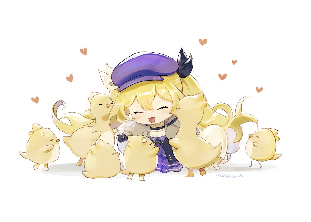 1girl :d ^_^ artist_name bird black_gloves black_ribbon blonde_hair blue_headwear blue_skirt blush newsboy_cap closed_eyes commentary darkgreyclouds dokibird dokibird_(retro_doki) dragoon_(dokibird) english_commentary eyelashes fingerless_gloves gloves grey_jacket hair_between_eyes hair_ribbon hat heart high-waist_skirt imminent_hug indie_virtual_youtuber jacket long_hair long_sleeves open_clothes open_jacket open_mouth outstretched_arms pleated_skirt puffy_long_sleeves puffy_sleeves ribbon shirt sidelocks simple_background skirt smile squatting twintails twitter_username very_long_hair virtual_youtuber white_background white_ribbon white_shirt