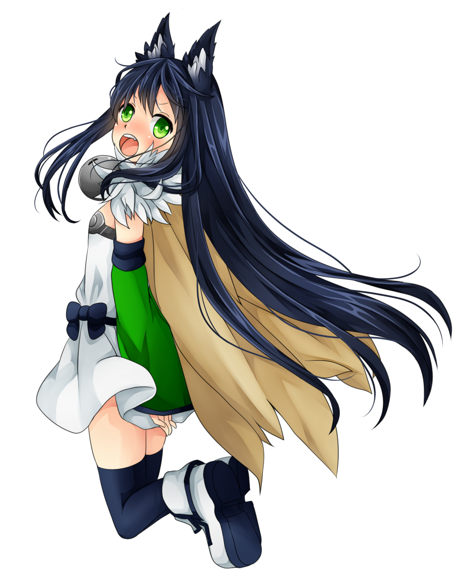 1girl alchemist_(ragnarok_online) alternate_color animal_ears black_hair black_thighhighs blush boots brown_cape cape cat_ears cat_girl commentary_request detached_sleeves dress flat_chest full_body fur_collar green_eyes green_sleeves jumping long_hair looking_at_viewer looking_back meiko_(nattu303) open_mouth ragnarok_online short_dress simple_background smile solo strapless strapless_dress thighhighs very_long_hair white_background white_boots white_dress