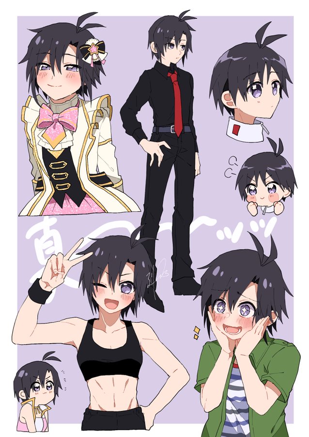 +_+ abs antenna_hair black_bra black_hair black_pants black_shirt black_shoes blush border bra collared_shirt green_shirt idolmaster idolmaster_(classic) idolmaster_1 kikuchi_makoto necktie official_alternate_costume official_alternate_hairstyle open_mouth overshirt pants parted_bangs pink_diamond_765_(idolmaster) ribbon rurimomo_(ruripeach) shirt shoes sidelocks sports_bra striped_clothes striped_shirt track_suit underwear white_border wristband