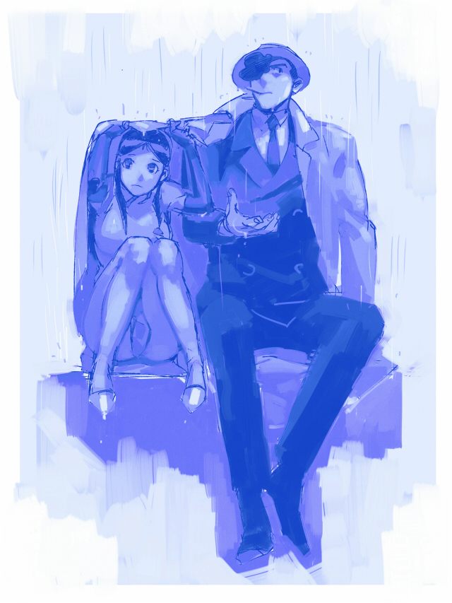 1boy 1girl china_dress chinese_clothes cigarette coat commentary_request dress elbow_gloves giant_robo ginrei_(giant_robo) gloves hamu_fukurou hat long_hair murasame_kenji pants rain raincoat shared_clothes shared_coat shoes short_hair smoking
