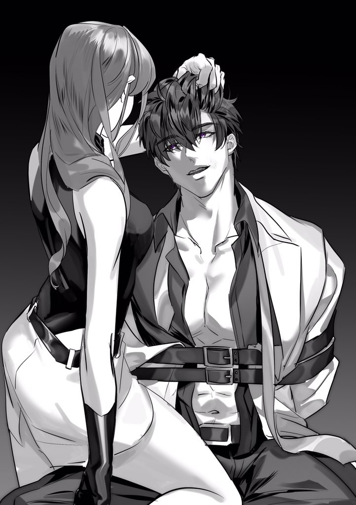1boy 1girl abs arms_behind_back bare_pectorals bdsm belt bishounen bondage bound breasts coat collarbone commentary femdom gloves grabbing_another&#039;s_hair ling_xiao love_and_producer medium_breasts miniskirt navel open_clothes open_shirt pectoral_cleavage pectorals protagonist_(love_and_producer) shinkaifuyuki shirt sitting skirt sleeveless sleeveless_shirt