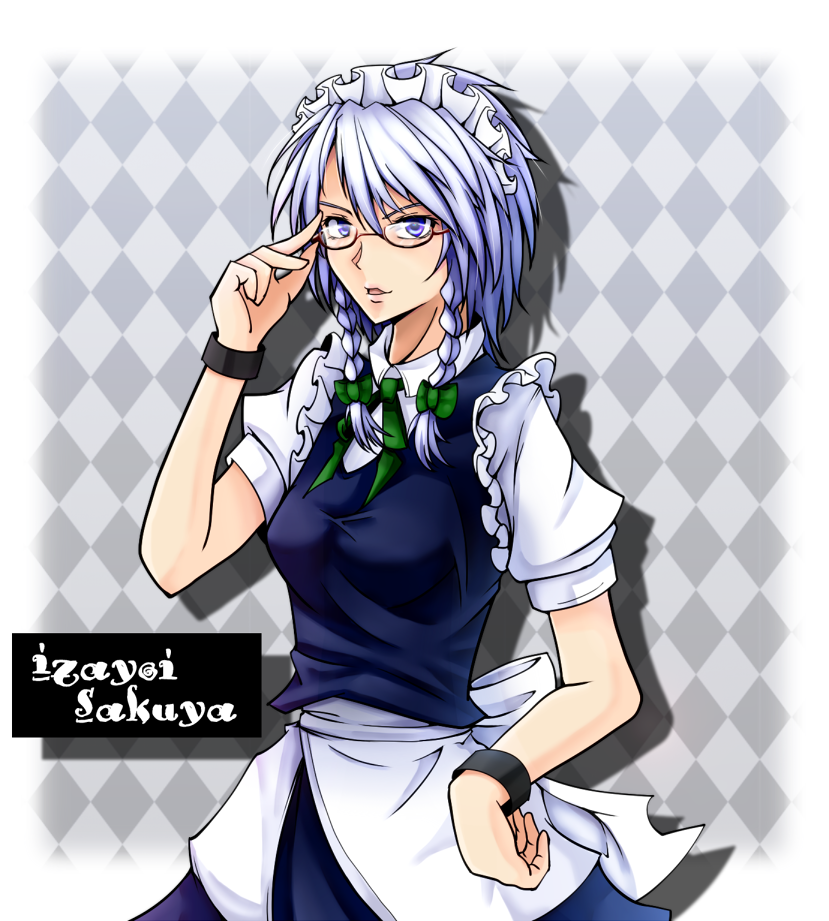 1girl bespectacled blue_eyes bracelet braid character_name female_focus glasses hand_on_own_hip hip_focus izayoi_sakuya jewelry maid maid_headdress pandora-ex silver_hair solo touhou twin_braids