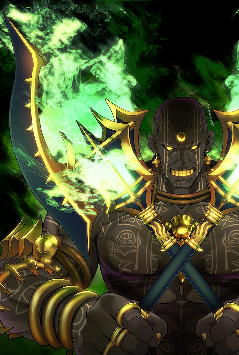 1boy abs aora arm_armor bald bara black_sclera bracelet colored_sclera darius_iii_(fate) dark-skinned_male dark_skin dual_wielding earrings fate/grand_order fate_(series) fighting_stance fire fire forehead_jewel from_above glowing holding huge_weapon jewelry large_pectorals looking_down male_focus manly multiple_rings muscular nail_polish pectorals ring smile solo tattoo teeth topless_male upper_body weapon yellow_eyes yellow_nails yellow_teeth