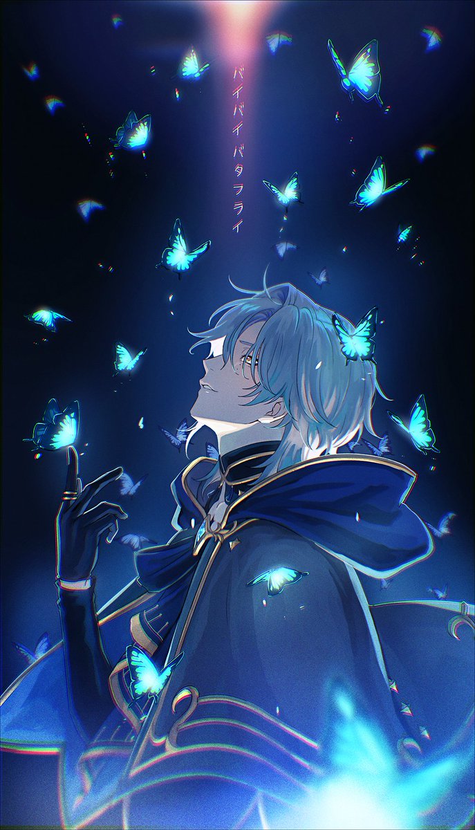 1boy blue_cloak blue_gloves blue_hair bug butterfly butterfly_on_hand cloak commentary_request crossed_bangs from_side gloves gold_ring gold_trim green_eyes hair_between_eyes hair_intakes hand_up hands_up highres hood hood_down hooded_cloak insect jewelry long_sleeves looking_at_viewer looking_up male_focus medium_hair milan_kestrel mole mole_under_eye multicolored_eyes nijisanji orange_eyes parted_bangs profile red_eyes ring shirt simple_background solo ten0u0 too_many too_many_butterflies upper_body virtual_youtuber white_background