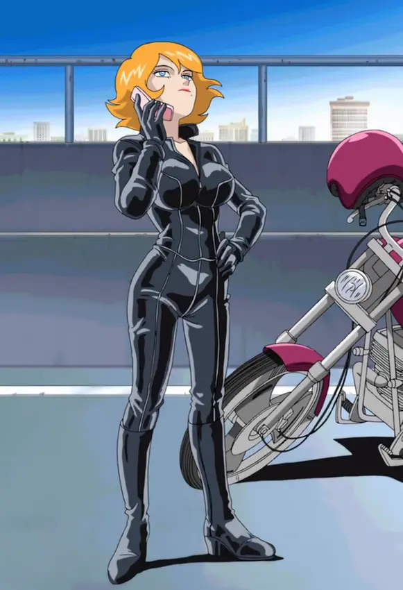 00s 1girl 2004 black_bodysuit bodysuit breasts catsuit cellphone engine flip_phone large_breasts lindsey_thorndyke lipstick makeup mature_female mole mole_under_mouth motor_vehicle motorcycle orange_hair phone road short_hair sonic_(series) sonic_x tagme