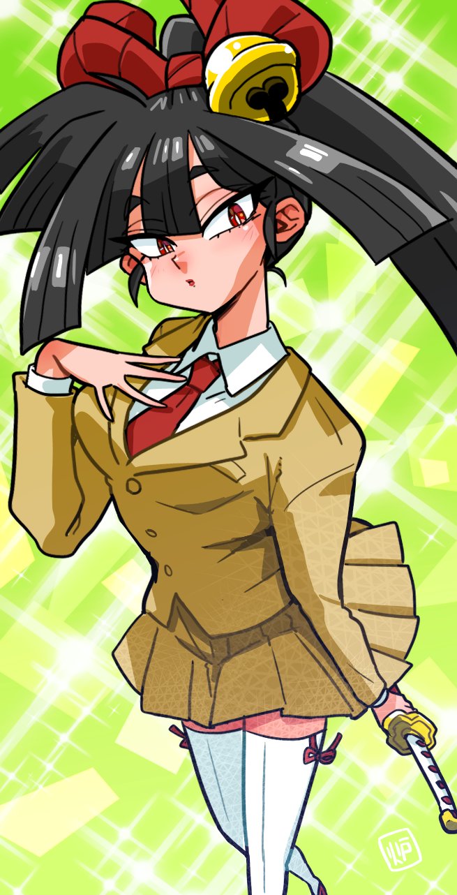 1girl artist_logo bell black_hair brown_jacket brown_skirt hair_bell hair_ornament highres holding holding_sword holding_weapon igami_ichika jacket jingle_bell katana logo looking_at_viewer miniskirt necktie parted_bangs red_eyes red_necktie shirt skirt solo susume!_ashitabara_gakuen sword thighhighs wanta_(futoshi) weapon white_shirt white_thighhighs