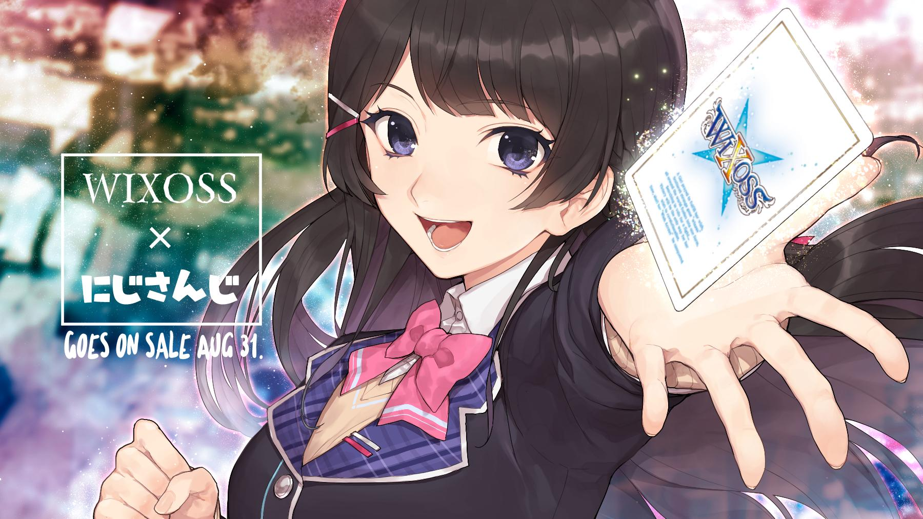 1girl :d black_hair black_jacket blunt_bangs bow bowtie card commentary_request floating floating_object hair_ornament hairclip highres hitoto jacket long_hair long_sleeves looking_at_viewer nijisanji open_mouth outstretched_arm pink_bow pink_bowtie portrait purple_eyes smile solo teeth tsukino_mito tsukino_mito_(1st_costume) virtual_youtuber wing_collar wixoss