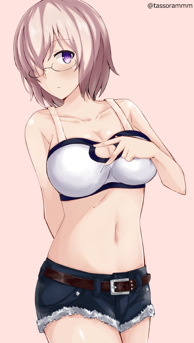 1girl arm_behind_back bad_id bad_pixiv_id bandeau bare_arms belt breasts cleavage collarbone commentary cosplay cowboy_shot denim denim_shorts fate/grand_order fate_(series) female_focus glasses hair_over_one_eye looking_at_viewer mash_kyrielight medium_breasts mordred_(fate) mordred_(fate)_(cosplay) mordred_(fate/apocrypha) mordred_(memories_at_trifas)_(fate) navel pink_background pink_hair purple_eyes short_hair short_shorts shorts simple_background solo stomach tasora twitter_username underwear
