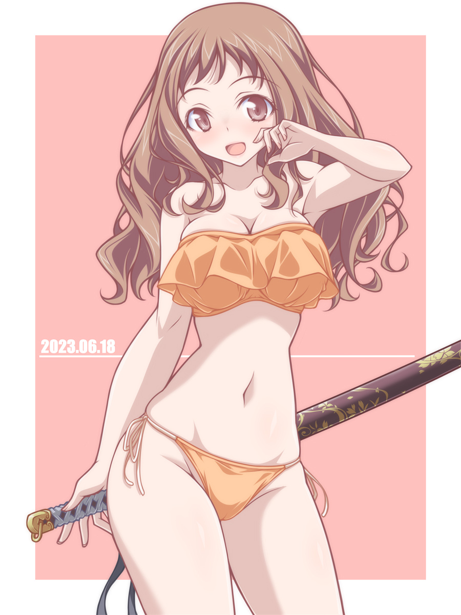 1girl bare_shoulders bikini breasts brown_eyes brown_hair cleavage cleft_of_venus commentary_request cowboy_shot dated frilled_bikini frills groin highres holding holding_behind_back holding_sword holding_weapon katana kikuchi_tsutomu large_breasts looking_at_viewer navel open_mouth orange_bikini original pink_background sheath sheathed side-tie_bikini_bottom smile solo standing strapless strapless_bikini string_bikini swimsuit sword weapon