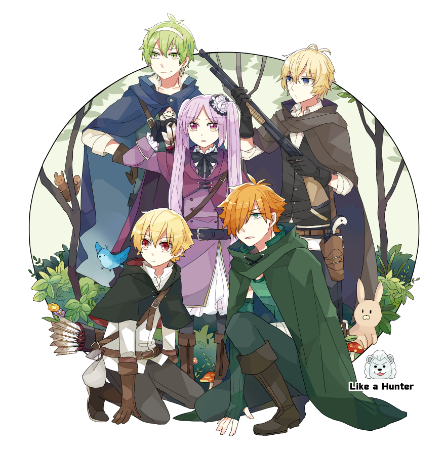 1girl 5boys arrow_(projectile) belt billy_the_kid_(fate) bird black_bow black_gloves blonde_hair blue_bird blue_eyes border bow brown_belt brown_gloves child_gilgamesh_(fate) cloak david_(fate) euryale_(fate) fate/grand_order fate_(series) flower forest gilgamesh_(fate) gloves green_eyes green_hair gun hairband handgun hood hooded_cloak light_purple_hair multiple_boys mushroom nature on_one_knee orange_hair pink_eyes quiver rabbit red_eyes rifle robin_hood_(fate) round_border squirrel ss_ii_kk thomas_edison_(fate) twintails weapon white_background white_hairband