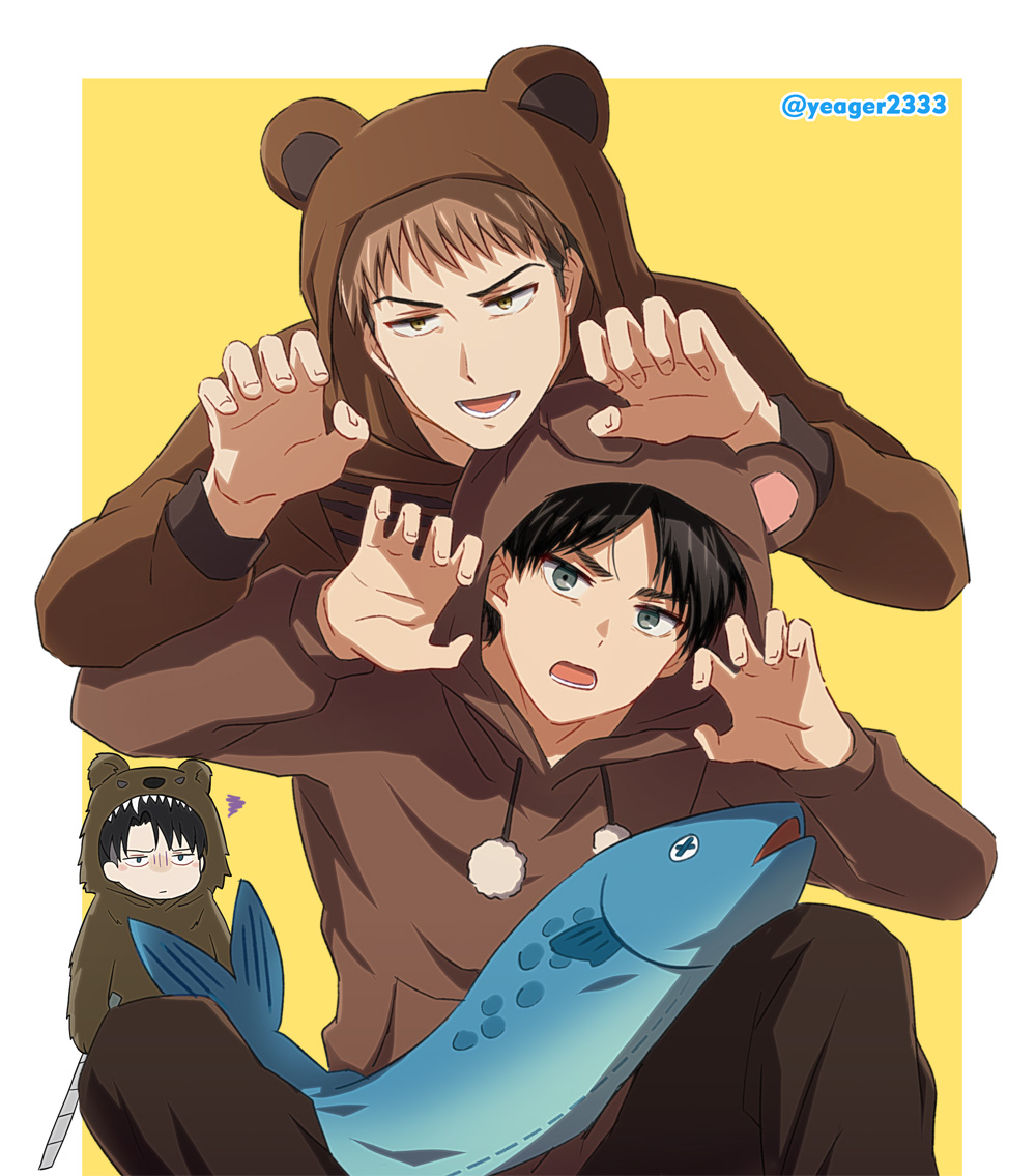 3boys animal_costume animal_hood bear_costume bear_hood black_hair brown_eyes brown_hair claw_pose commentary_request eren_yeager fish grey_eyes holding holding_sword holding_weapon hood hood_up jean_kirstein jitome levi_(shingeki_no_kyojin) looking_at_viewer male_focus multiple_boys open_mouth pants shingeki_no_kyojin sitting squiggle sword undercut weapon yeager2333