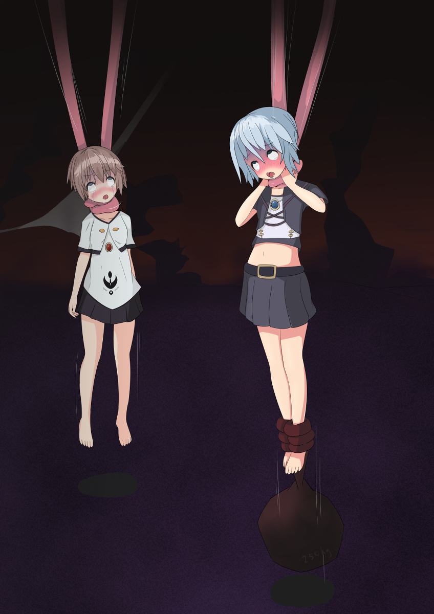 2girls asphyxiation bad_end blue_hair blush bound brown_hair corpse death defeat diamond_li dying full_body guro hanged highres legs magical_girl monster multiple_girls neck_grab open_mouth petite restrained ryona saliva shaking skirt strangling strangling tears tentacles tied_up tongue tongue_out torture trembling weight