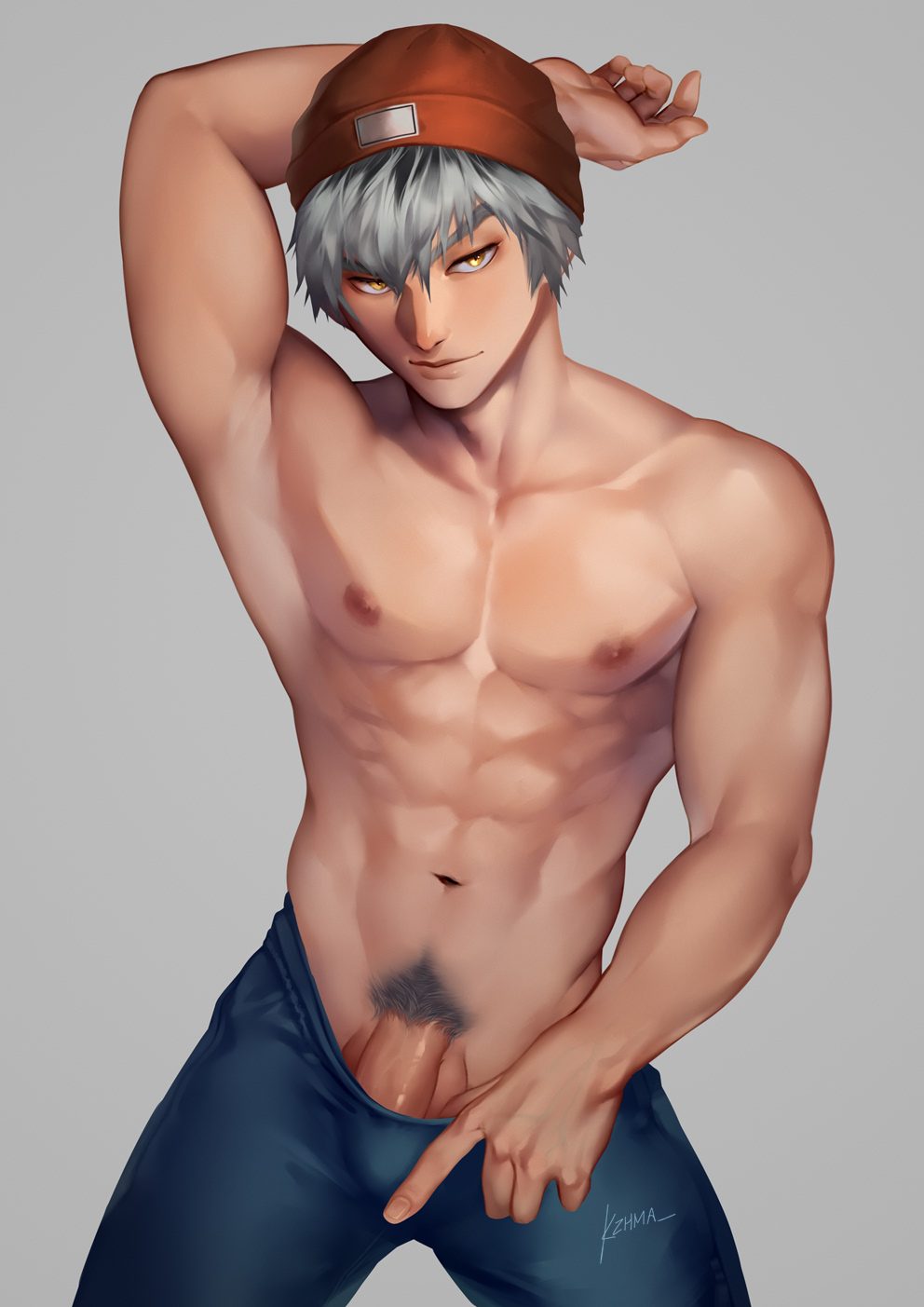 1boy abs arm_up armpits beanie black_hair blue_pants bokuto_koutarou closed_mouth collarbone commentary cowboy_shot grey_hair greyscale groin haikyuu!! hair_between_eyes hand_in_pants hat highres kzhma male_focus monochrome navel nipples pants pectorals penis penis_peek red_hat solo testicle_peek testicles topless_male twitter_username yellow_eyes