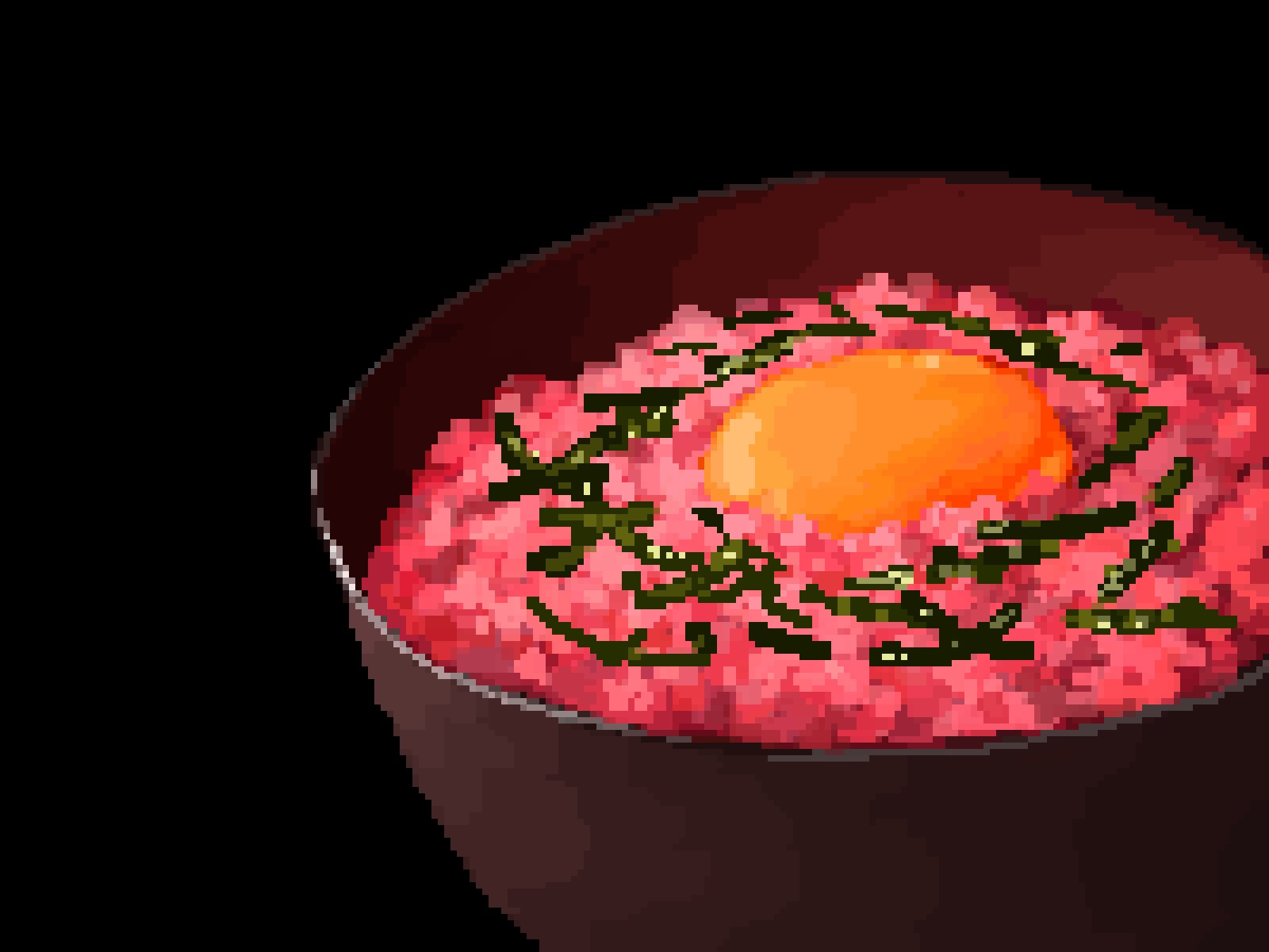 black_background bowl egg_yolk food fried_rice highres hisachan55cute no_humans original pixel_art scenery simple_background spring_onion tamagokake_gohan
