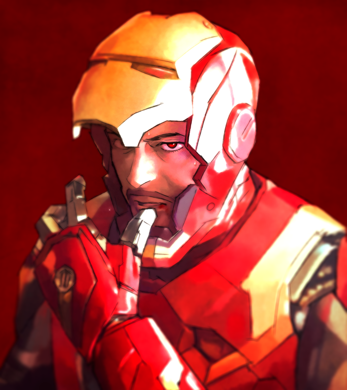 1boy armor bolt_(hardware) commentary_request facial_hair full_armor hand_up helmet iron_man iron_man_(series) korean_commentary looking_at_viewer male_focus marvel marvel_cinematic_universe multicolored_armor power_armor red_armor red_background red_eyes redcokk simple_background solo superhero_costume teeth tony_stark upper_body yellow_armor
