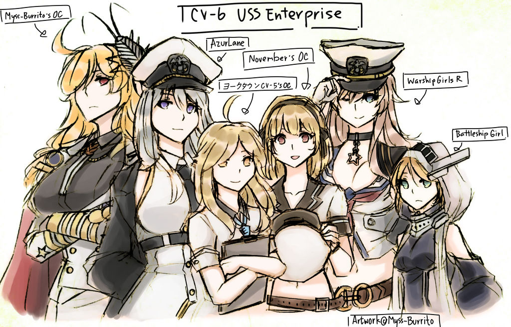 6+girls ahoge azur_lane battleship_girl blonde_hair blue_eyes breasts choker cleavage clipboard collarbone commentary crossed_arms english_commentary enterprise_(azur_lane) enterprise_(battleship_girl) enterprise_(pacific) enterprise_(warship_girls_r) flat_chest green_eyes hair_over_one_eye hat height_difference holding holding_unworn_clothes holding_unworn_hat hood kantai_collection large_breasts looking_at_viewer midriff multiple_girls myss-burrito name_connection one_eye_closed original pacific_(kancolle) peaked_cap purple_eyes red_eyes small_breasts smile unworn_hat unworn_headwear upper_body uss_enterprise_(cv-6) white_hair