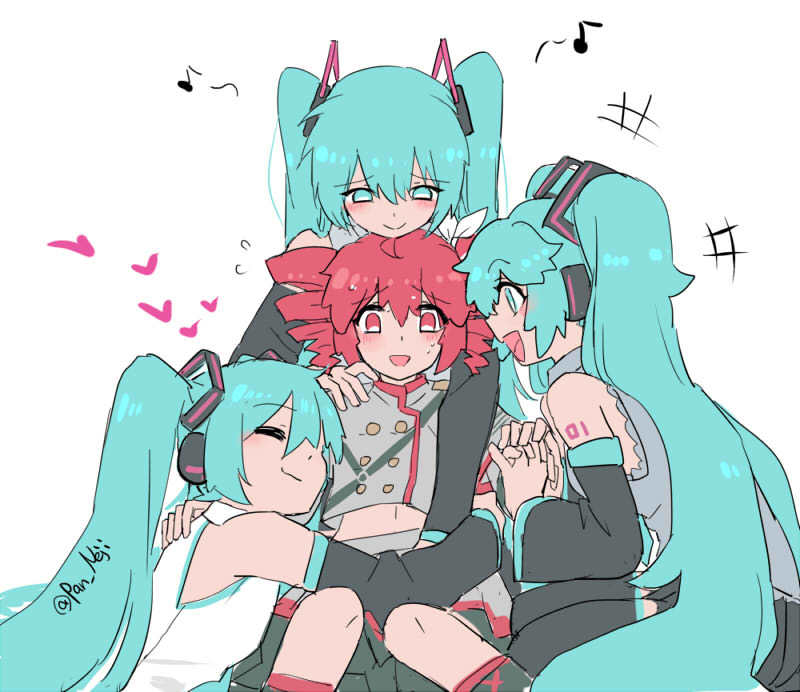 4girls aqua_eyes aqua_hair bare_shoulders black_sleeves closed_eyes closed_mouth commentary detached_sleeves drill_hair grey_jacket grey_shirt hair_ornament hatsune_miku hatsune_miku_(vocaloid3) hatsune_miku_(vocaloid4) heart holding_hands hug jacket kasane_teto kasane_teto_(sv) long_hair long_sleeves looking_at_another multiple_girls multiple_persona musical_note nejikyuu open_mouth red_eyes red_hair shirt simple_background sitting sleeveless sleeveless_shirt smile synthesizer_v twin_drills twintails twitter_username utau very_long_hair vocaloid white_background white_shirt
