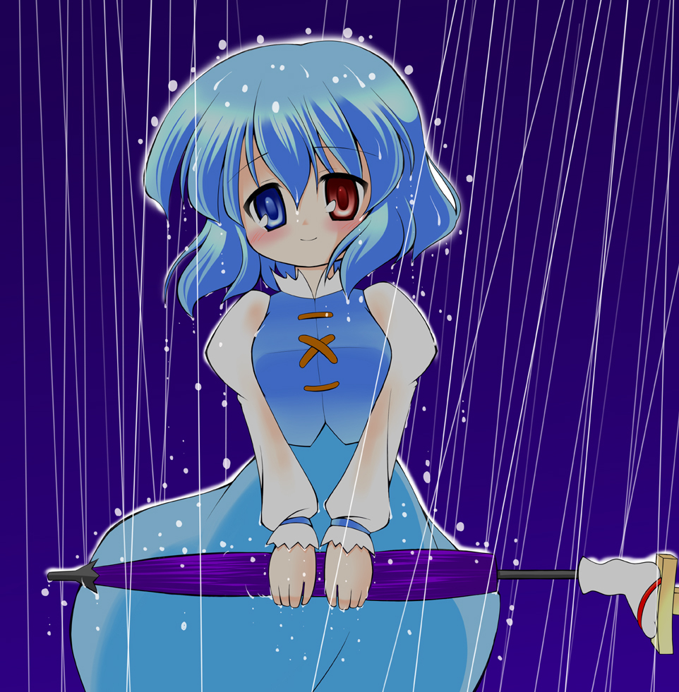 1girl blue_eyes blue_hair blush commentary_request female_focus heterochromia looking_at_viewer matching_hair/eyes rain red_eyes short_hair smile solo sou_ryuu tatara_kogasa touhou