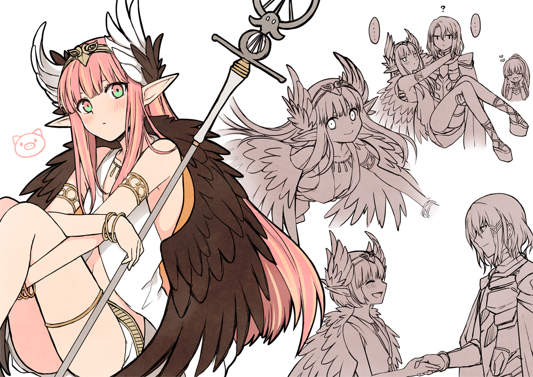... 1boy 2girls ? armlet armor bracelet breasts cape carrying circe_(fate) closed_eyes clothing_cutout commentary fate/grand_order fate_(series) green_eyes hair_ornament hands_on_own_cheeks hands_on_own_face handshake heart holding holding_staff jewelry long_hair medea_(fate) medea_lily_(fate) multicolored_eyes multiple_girls necklace odysseus_(fate) open_mouth partially_colored pink_eyes pink_hair platform_sandals pointy_ears ponytail princess_carry sandals shoulder_armor small_breasts smile staff symbol-only_commentary thigh_strap two-tone_eyes yoyo_9ea