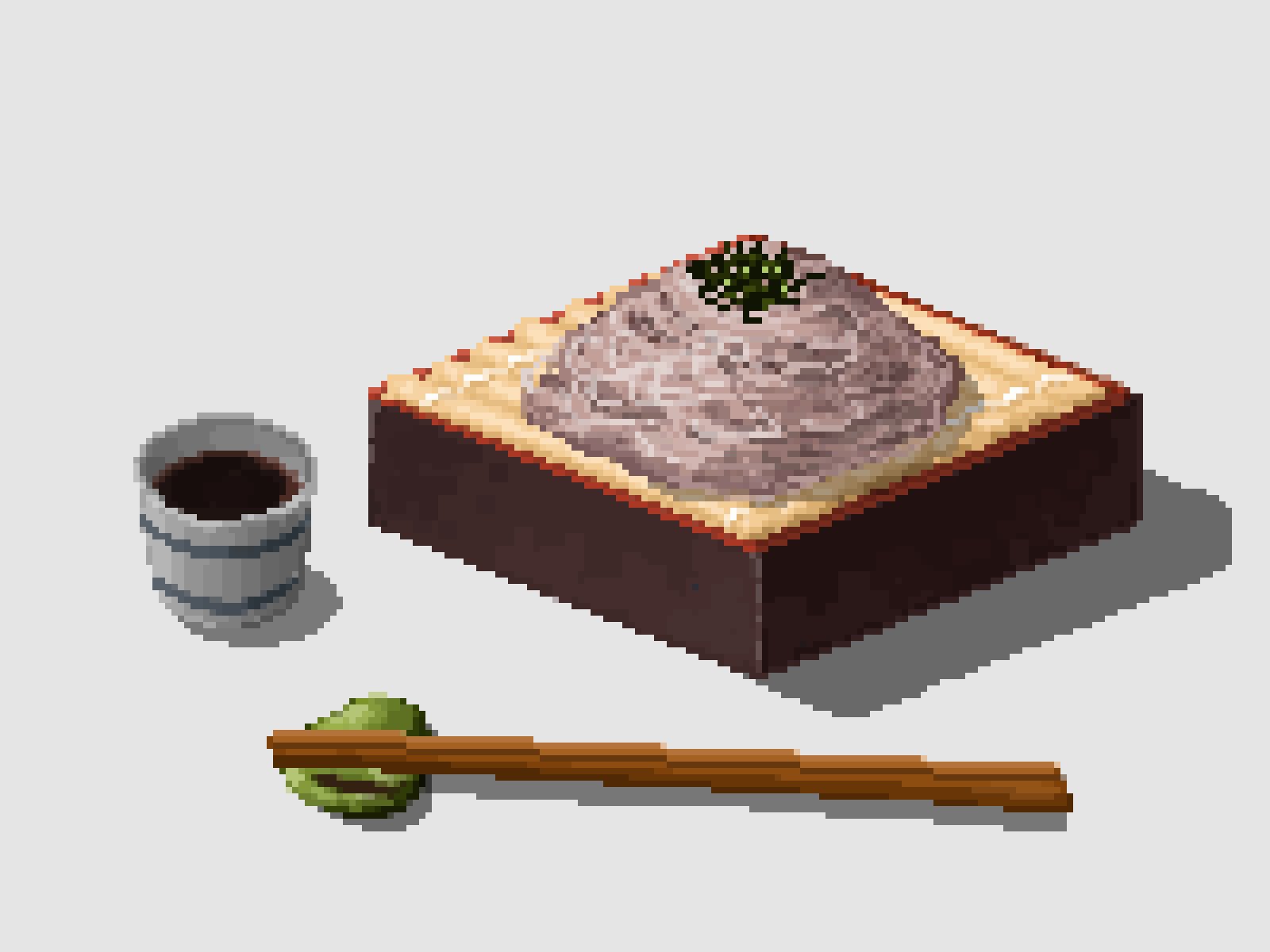 black_tea chopsticks cup food food_focus heimuer highres hisachan55cute mat no_humans noodles original pixel_art scenery shadow simple_background soba tea wasabi white_background