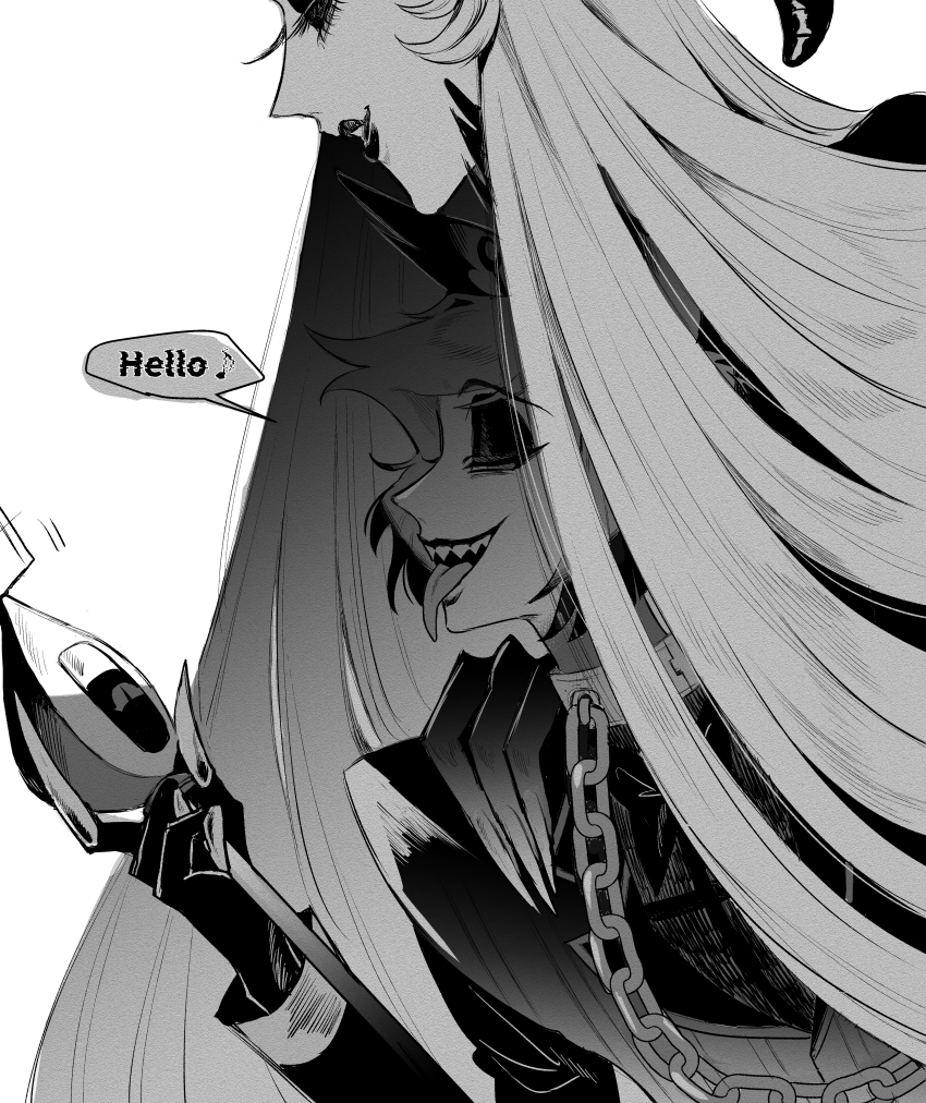 1boy 1girl alastor_(hazbin_hotel) chain chain_leash demon_boy demon_girl formal_clothes greyscale hazbin_hotel leash lilith_(hazbin_hotel) long_hair monochrome sharp_teeth suit syokup teeth tongue tongue_out very_long_fingernails very_long_hair