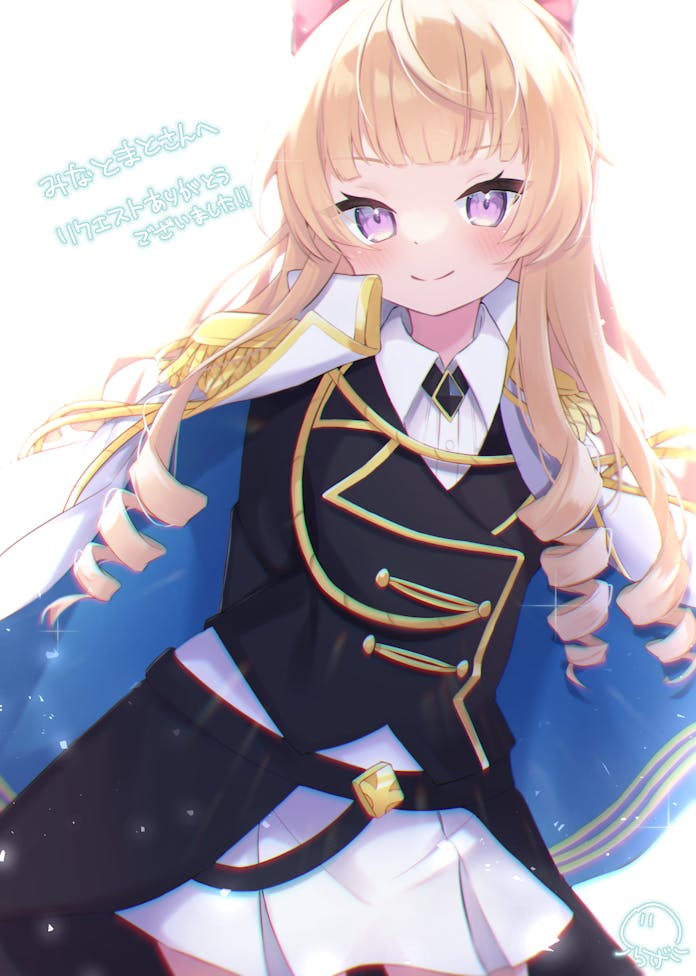 1girl arms_behind_back backlighting battle_girl_high_school black_jacket blush bow closed_mouth coat coat_on_shoulders commission cosplay epaulettes eyelashes jacket long_hair looking_at_viewer pink_bow pink_eyes ringlets sendouin_kaede shirt shoujo_kageki_revue_starlight simple_background skeb_commission smile solo tarte0x0 translation_request white_background white_coat white_shirt yukishiro_akira yukishiro_akira_(cosplay)