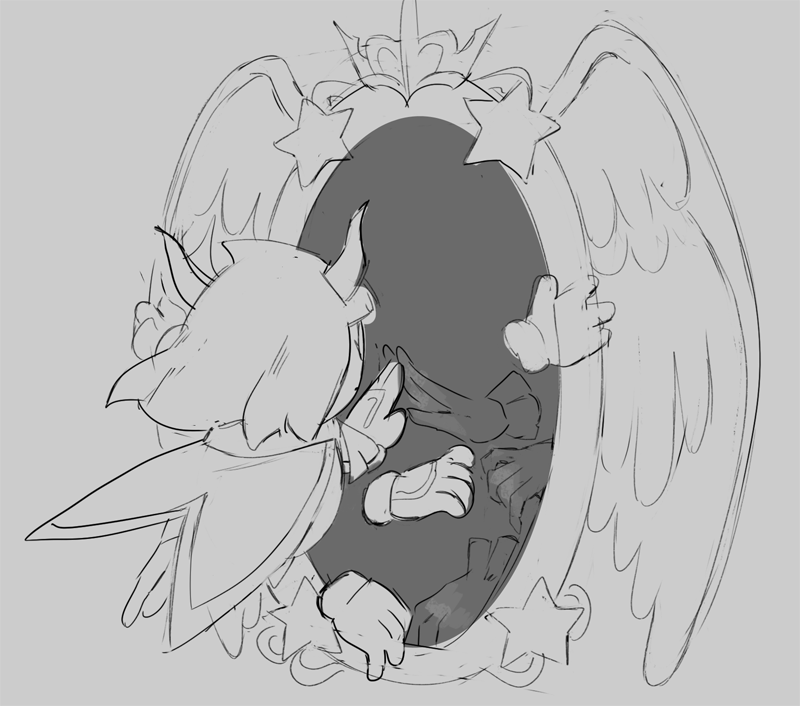 1girl arthropod_girl dual_persona extra_hands gigi_d.g. greyscale horns kirby:_triple_deluxe kirby_(series) kirby_&amp;_the_amazing_mirror mirror monochrome nintendo queen_sectonia sketch solo