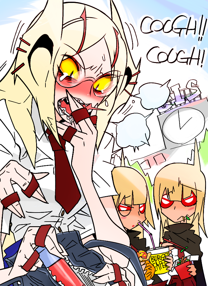 1girl animification asthma b1_battle_droid bag bendy_straw blonde_hair blush braces brown_neckwear clock colored_sclera commentary coughing day drinking_straw eating extra_arms food g=hikorou gender_request genderswap genderswap_(mtf) general_grievous glasses grieve-tan hair_ornament hairclip inhaler long_hair necktie outdoors parted_bangs personification red_eyes school_bag school_uniform shirt slit_pupils star_wars tearing_up upper_body white_shirt yellow_sclera