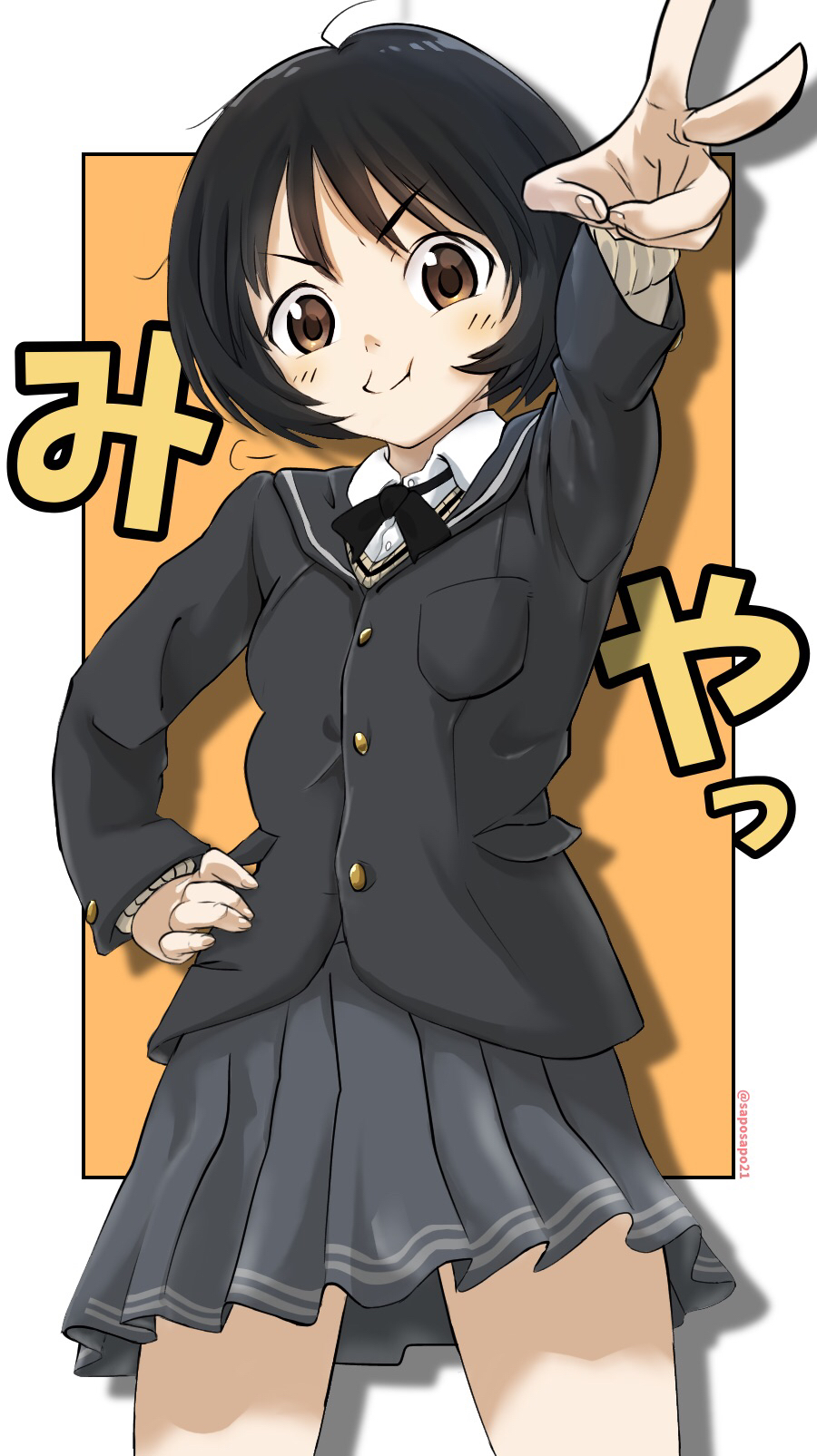 1girl amagami black_jacket black_sailor_collar blazer blush border breast_pocket breasts brown_eyes brown_sweater character_name closed_mouth commentary cowboy_shot dress_shirt drop_shadow foreshortening grey_skirt hand_on_own_hip highres jacket kibito_high_school_uniform loose_hair_strand messy_hair outside_border outstretched_arm pleated_skirt pocket pout puffy_cheeks sailor_collar sapo_(saposapo21) school_uniform shirt skirt small_breasts smug solo standing sweater tachibana_miya translated v v-shaped_eyebrows white_border white_shirt yellow_background