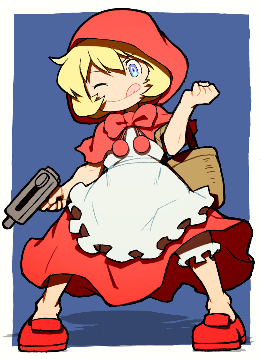 1girl apron b.b._hood basket beeru_(veil8801) blonde_hair blue_eyes bow bowtie capelet closed_mouth darkstalkers dress full_body gun hand_up highres holding holding_basket holding_gun holding_weapon hood hood_up legs_apart one_eye_closed red_bow red_bowtie red_capelet red_dress red_shoes shadow shoes short_hair smile solo standing tongue tongue_out weapon white_apron