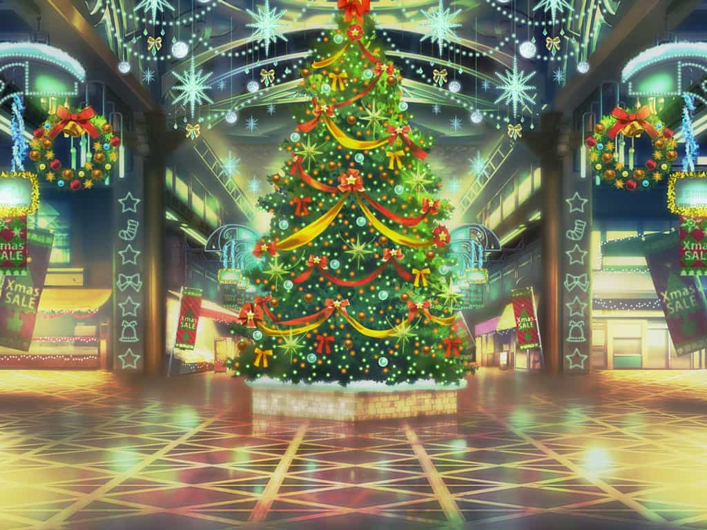 artist_request bow christmas christmas_ornaments christmas_stocking christmas_tree christmas_wreath game_cg hallway indoors lantern light_rays magia_record:_mahou_shoujo_madoka_magica_gaiden mahou_shoujo_madoka_magica mall night no_humans official_art paper_lantern red_bow scenery sign snowflakes star_(symbol) string_of_light_bulbs sunlight window wreath yellow_bow