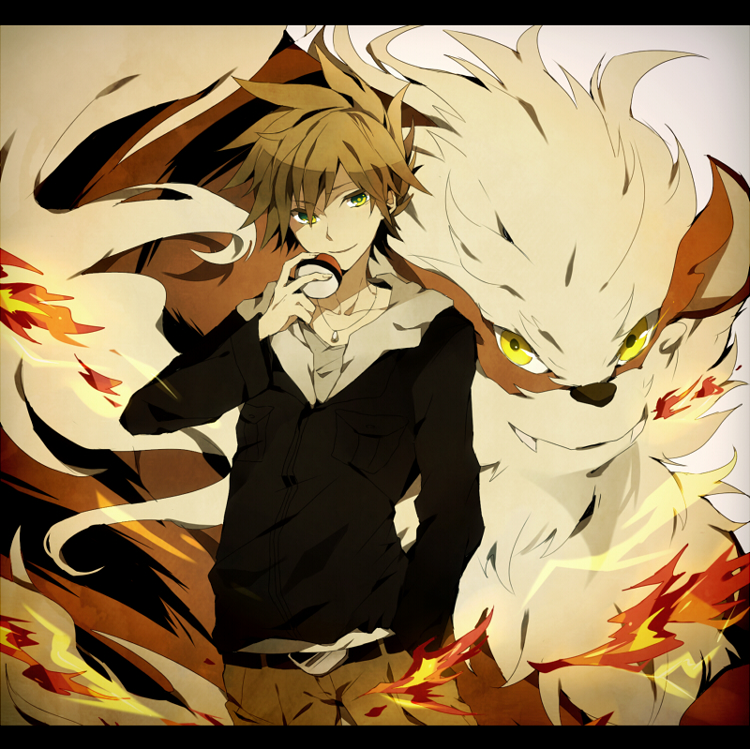 00s 1boy arcanine belt blue_oak blue_oak_(pokemon_hgss) brown_hair fire gen_1_pokemon green_eyes hand_in_pocket holding holding_poke_ball jacket jewelry letterboxed looking_at_viewer necklace nintendo poke_ball pokemon pokemon_(creature) pokemon_hgss sagatsu_(miicat) satsuki_(miicat) smile spiked_hair
