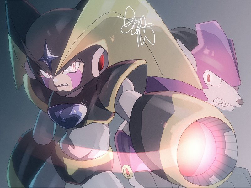 1boy akako83 arm_cannon armor bass_(mega_man) black_armor black_helmet bodysuit chest_jewel cowboy_shot facial_mark fang fins forehead_jewel grey_bodysuit head_fins helmet light_trail mega_man_(series) non-humanoid_robot purple_eyes robot robot_animal robot_dog signature treble_(mega_man) weapon