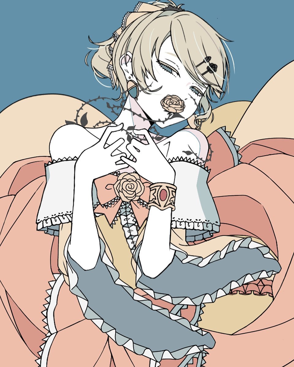 1girl aku_no_musume_(vocaloid) aqua_eyes bare_shoulders black_robe blonde_hair bow bracelet collarbone colored_eyelashes dress dress_bow dress_flower earrings evillious_nendaiki flower flower_on_mouth frilled_dress frilled_sleeves frills hair_bow hair_ornament hairclip half-closed_eyes head_tilt high_ponytail highres jewelry looking_at_viewer looking_down off-shoulder_dress off_shoulder orange_bow pale_skin ponytail riliane_lucifen_d&#039;autriche robe rose solo sorn_somnang swept_bangs thorns updo vocaloid wide_sleeves yellow_bow yellow_dress yellow_flower yellow_rose