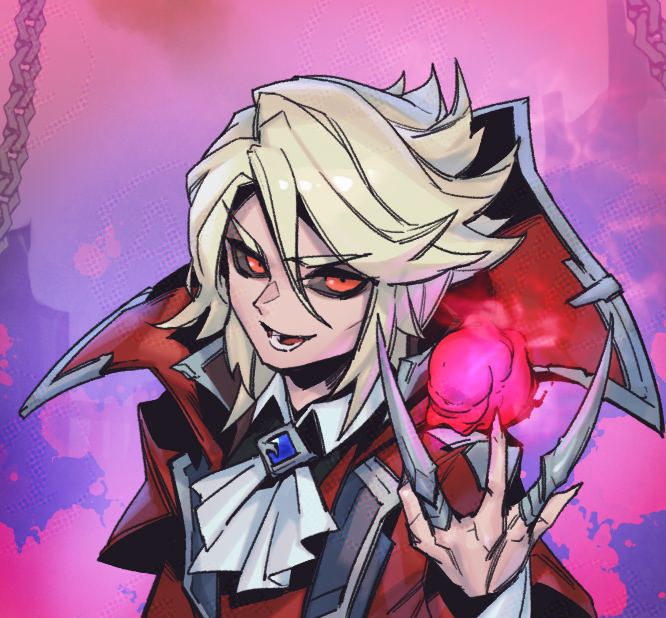 1boy ascot black_sclera blonde_hair blood chain coat colored_sclera hemokinesis korean_commentary league_of_legends looking_at_viewer lower_teeth_only magic male_focus medium_hair open_mouth phantom_ix_row red_coat red_eyes smile solo teeth v-shaped_eyebrows vampire vladimir_(league_of_legends) white_ascot