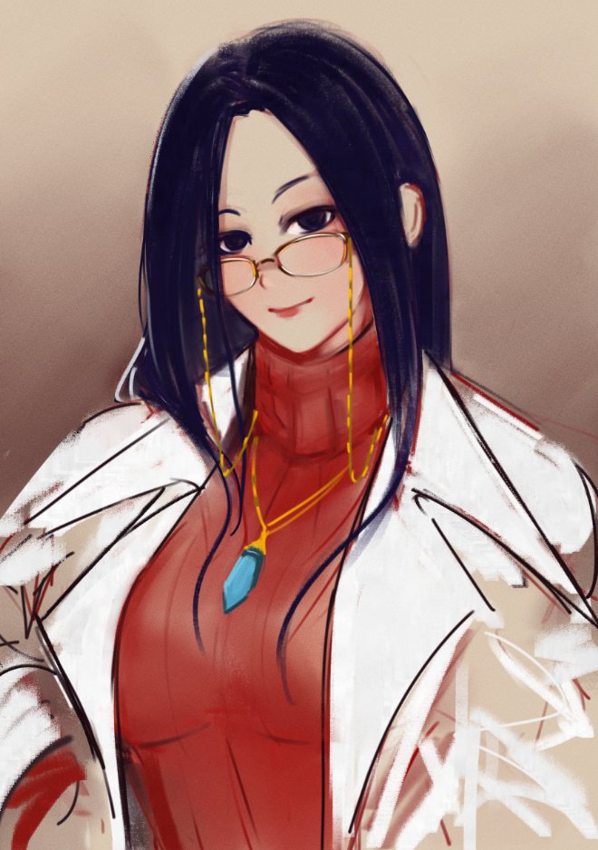 1girl blue_eyes blue_hair breasts cape doctor glasses hand_on_own_hip justice_gakuen large_breasts long_hair looking_at_viewer mature_female minazuki_kyouko reavernk smile solo