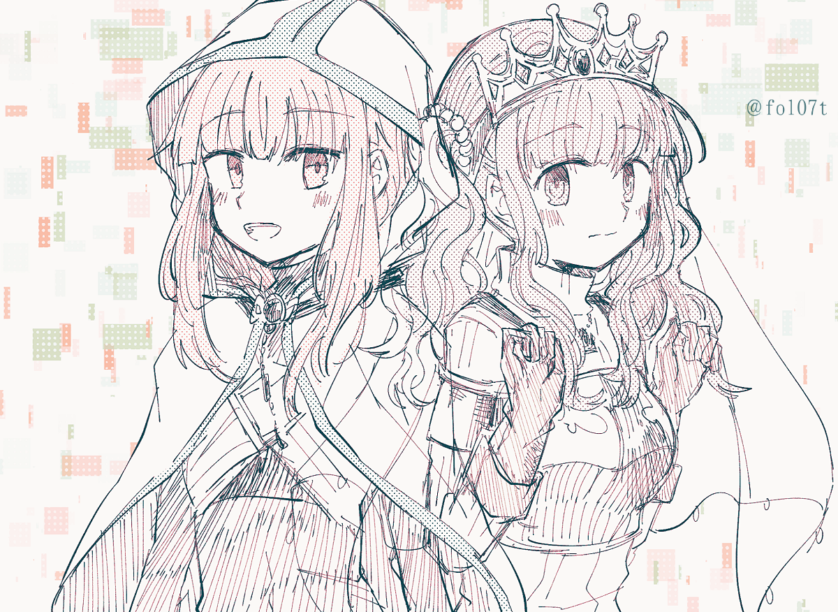 2girls :d armor arms_at_sides beads blunt_bangs blush bodystocking breastplate cloak closed_mouth crown fold-over_gloves futaba_sana gem hair_beads hair_ornament halftone hands_up hood hood_up hooded_cloak limited_palette long_sleeves looking_at_another magia_record:_mahou_shoujo_madoka_magica_gaiden mahou_shoujo_madoka_magica multiple_girls navel open_mouth ribbed_sweater sidelocks sketch smile split_mouth sweater tamaki_iroha teeth totte turtleneck turtleneck_crop_top twintails upper_body upper_teeth_only veil wavy_mouth