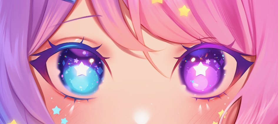 blue_eyes blush close-up colorful emberlith eye_focus eyelashes gradient_hair gumae hair_between_eyes heterochromia indie_virtual_youtuber multicolored_hair pink_hair purple_eyes purple_hair star-shaped_pupils star_(symbol) star_in_eye symbol-shaped_pupils symbol_in_eye virtual_youtuber