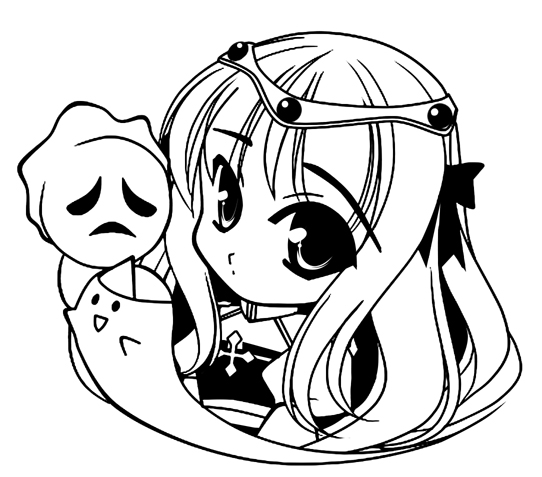 1girl 2000s_(style) arch_bishop_(ragnarok_online) ayase_mai_(jelly^2_fish) chibi chibi_only circlet cleavage_cutout closed_mouth clothing_cutout commentary_request cross dress expressionless ghost greyscale long_hair looking_at_viewer lude_(ragnarok_online) monochrome ragnarok_online sheet_ghost simple_background solo triangular_headpiece two-tone_dress whisper_(ragnarok_online)