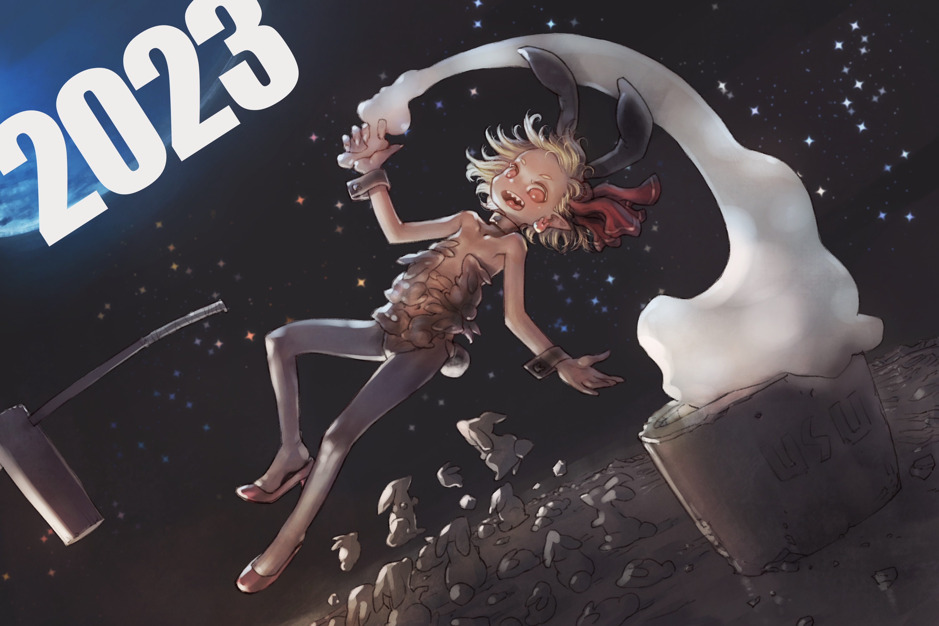 1girl 2023 animal_ears blonde_hair chinese_zodiac commentary_request earth_(planet) flat_chest food full_body highres kine looking_at_viewer mallet mochi moon navel open_mouth pantyhose planet pointy_ears rabbit rabbit_ears red_eyes revealing_clothes rumia sharp_teeth short_hair smile solo space teeth touhou year_of_the_rabbit yst
