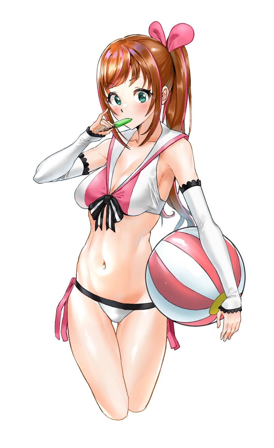 1girl ball beachball bikini breasts cleavage food groin kizuna_ai kizuna_ai_inc. navel popsicle swimsuit tagme urrrt