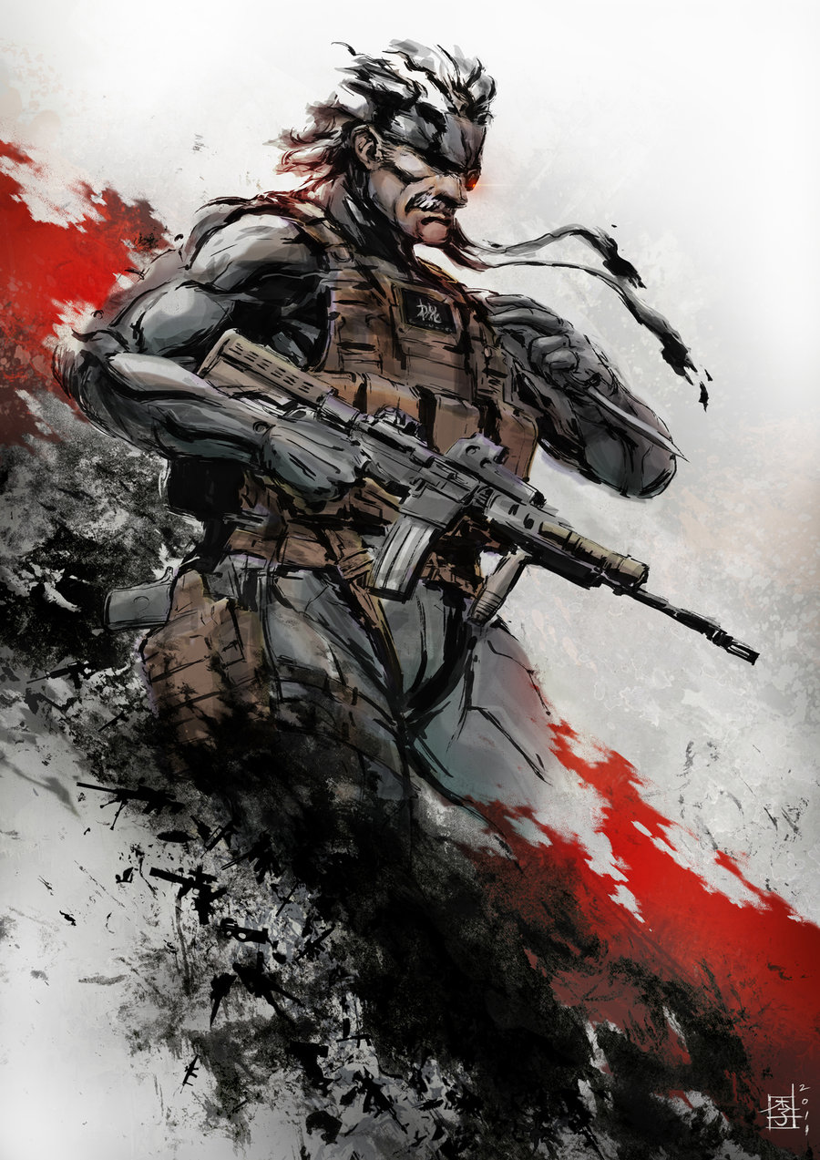 1boy assault_rifle asymmetrical_dual_wielding bodysuit close-quarters_combat cropped_legs dual_wielding eyepatch facial_hair gun h&amp;k_mark_23 handgun headband heckler_&amp;_koch highres holding holster knife load_bearing_vest m4_carbine male_focus mar-c! match_grade match_grade_firearm match_grade_pistol metal_gear_(series) metal_gear_solid metal_gear_solid_4:_guns_of_the_patriots mustache offensive_handgun old_snake pistol reverse_grip rifle sneaking_suit socom_(metal_gear) solid_snake solo trigger_discipline weapon white_hair